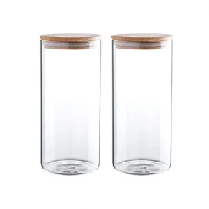 47 Ounce Clear Glass Storage Jar With Beech Wood Lid Set of 2 Glass Canister With Airtight