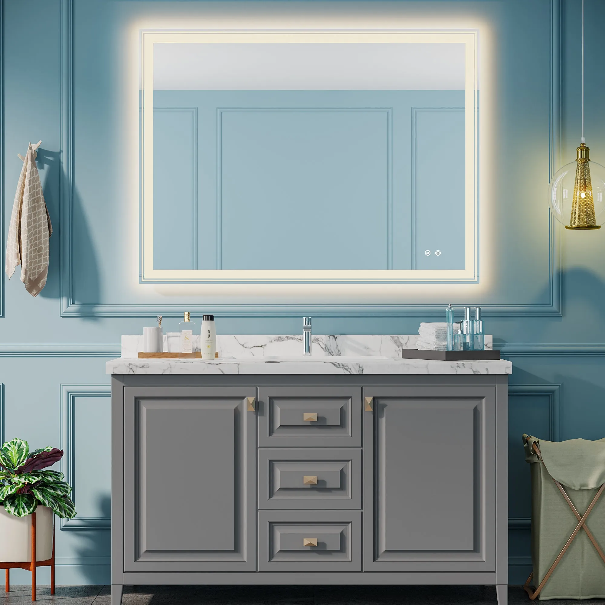 48×36 inch LED-Lit bathroom mirror, wall mounted anti-fog memory Adjustable Brightness front and back light Rectangular Vanity mirror