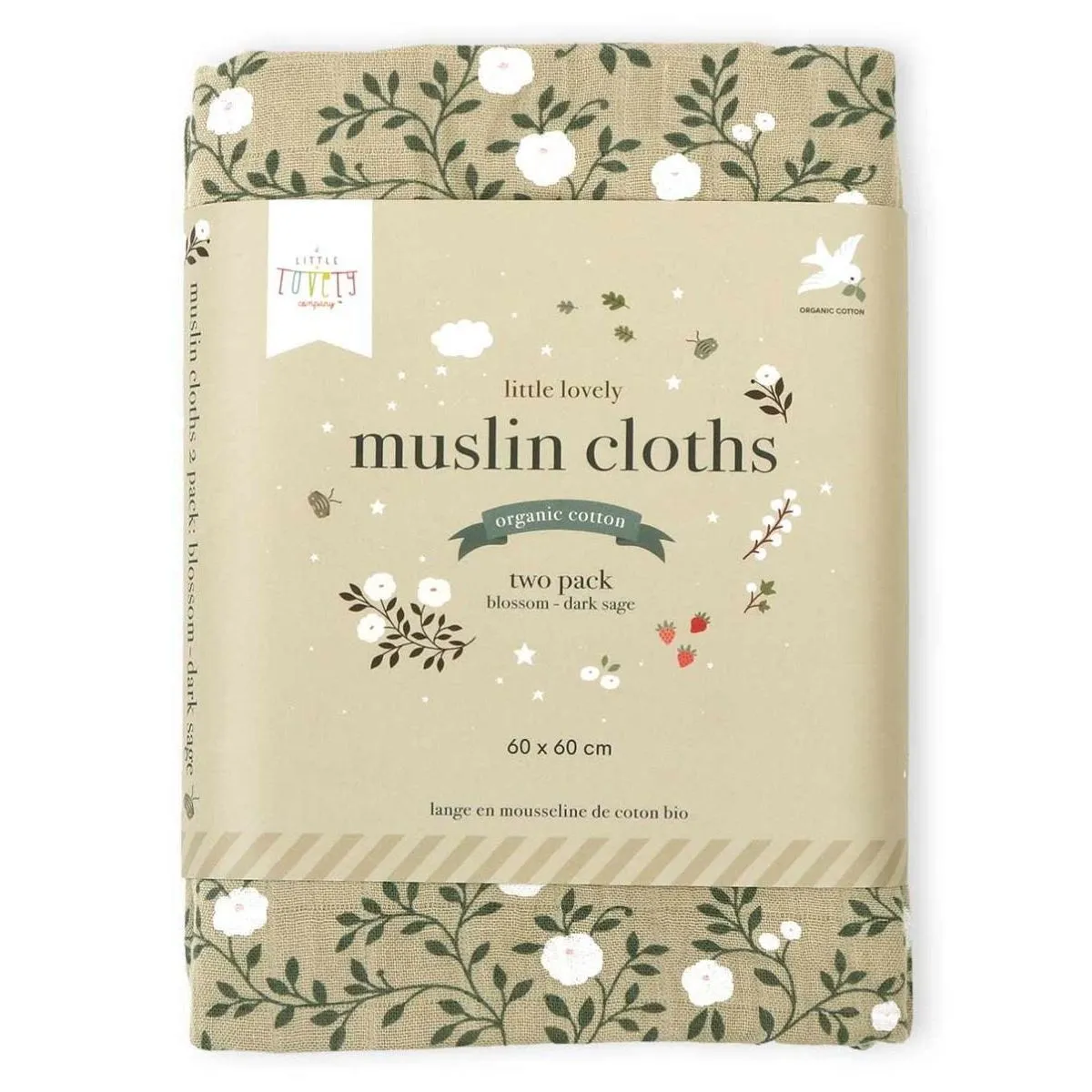 A Little Lovely Company Muslin Cloth Set of 2: Blossom - Dark Sage