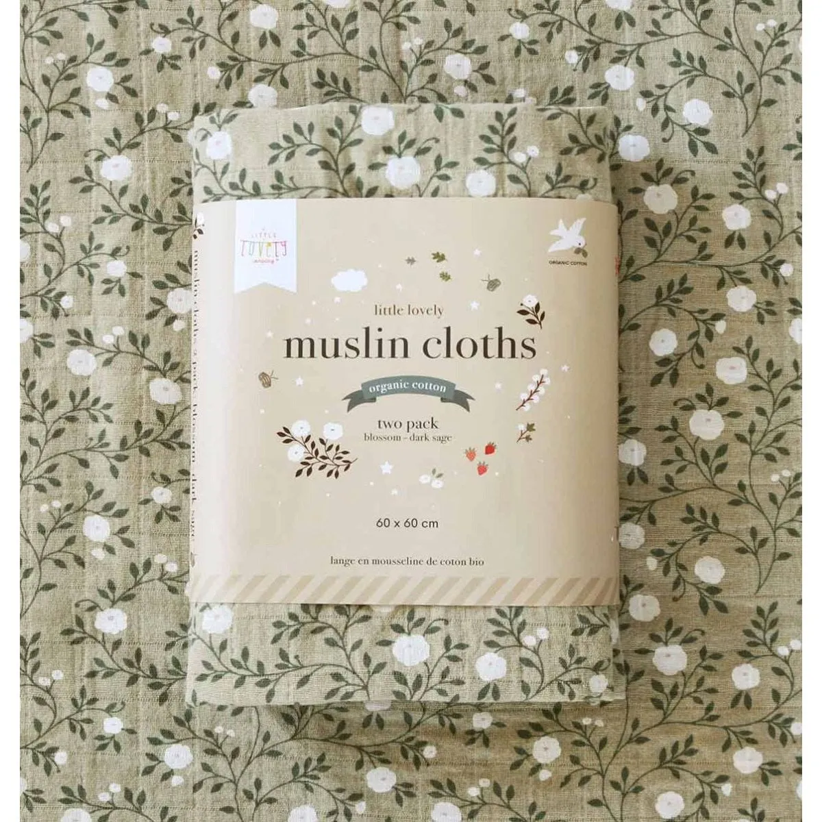 A Little Lovely Company Muslin Cloth Set of 2: Blossom - Dark Sage