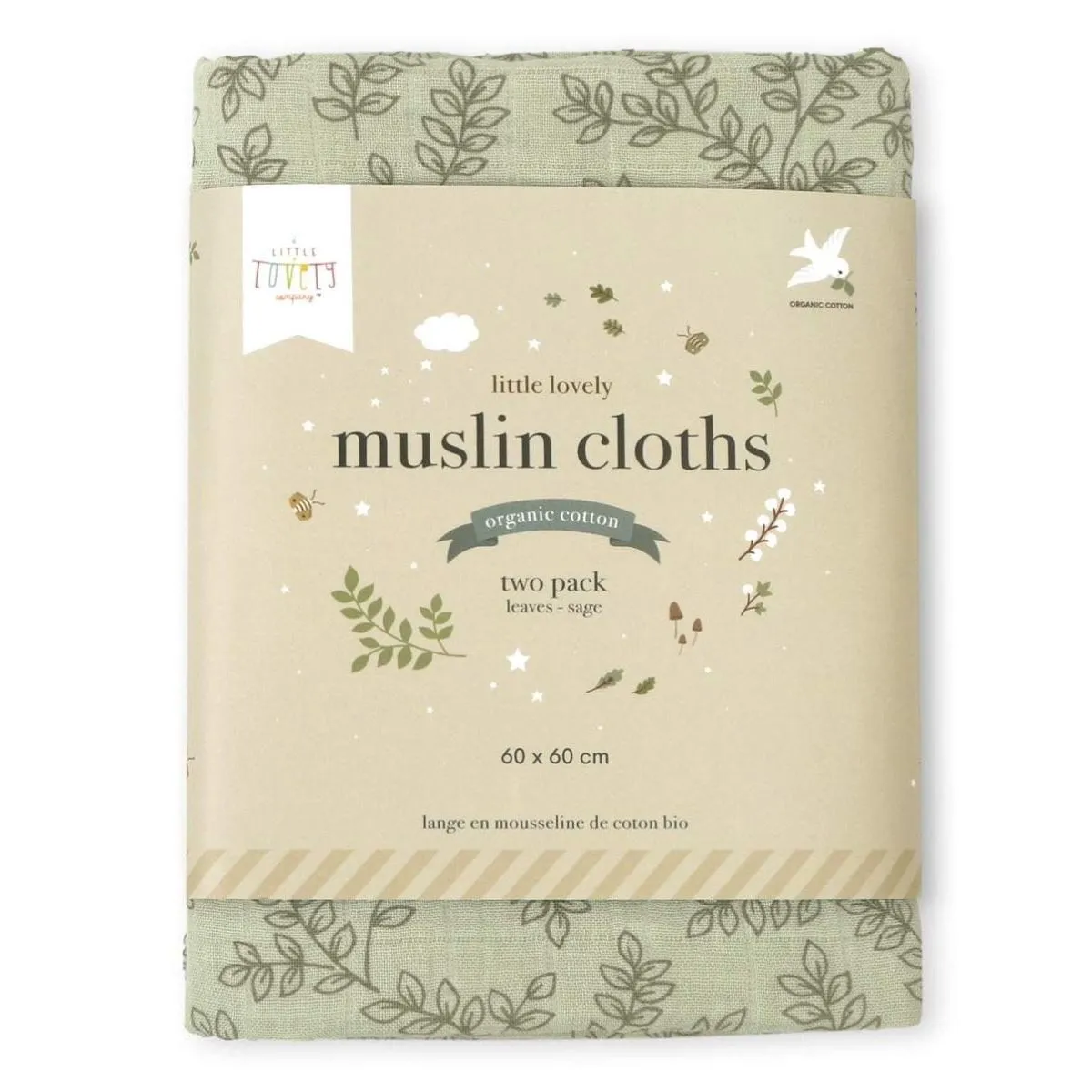 A Little Lovely Company Muslin Cloth Set of 2: Leaves - Sage