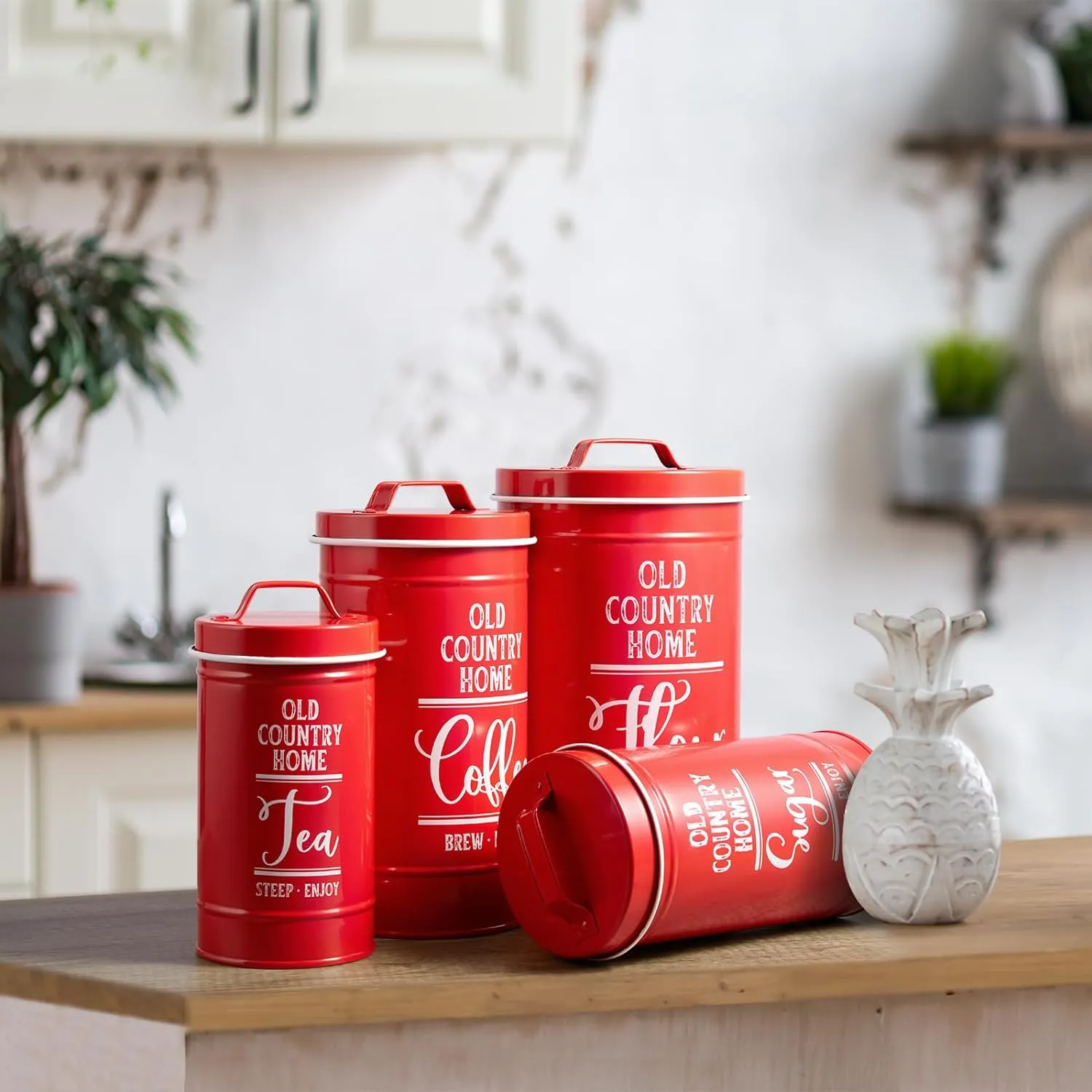 Airtight Kitchen Canisters for Countertop, Flour and Sugar Containers, Tea Coffee Sugar Canister Set, Red, Set of 4