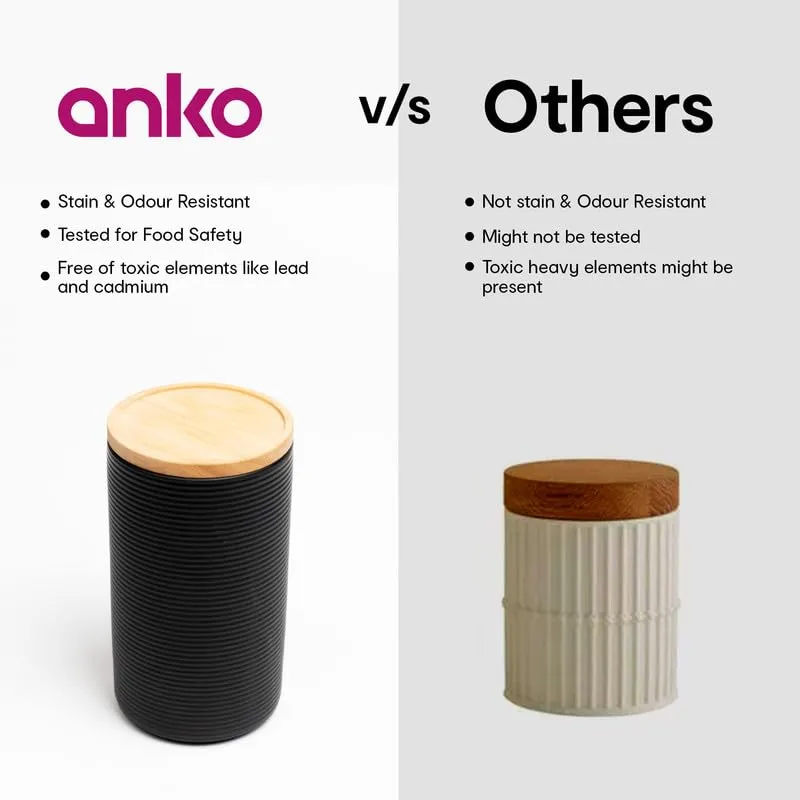 Anko 1.7L Stoneware Ceramic Jars for Kitchen Storage | Container Set for Kitchen with Rubberwood Lid & Silicone Ring | Kitchen Container for Snacks, Tea, Sugar | Black | Set of 2