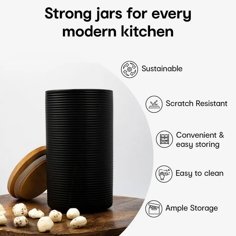 Anko 1.7L Stoneware Ceramic Jars for Kitchen Storage | Container Set for Kitchen with Rubberwood Lid & Silicone Ring | Kitchen Container for Snacks, Tea, Sugar | Black | Set of 2