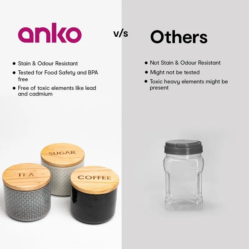 Anko 300ml Multicolour Tea Coffee Sugar Stoneware Ceramic Containers Set of 6 | Kitchen Storage Containers Set | Embossed Airtight Container Set for Kitchen