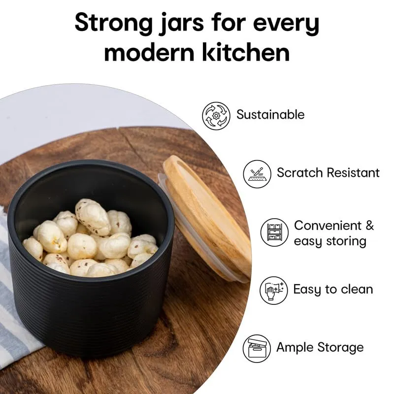 Anko 300ml Stoneware Ceramic Jars for Kitchen Storage | Airtight Container Set for Kitchen with Rubberwood Lid & Silicone Ring | Kitchen Container for Snacks, Tea, Sugar | Black | Set of 6