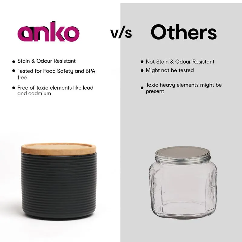 Anko 300ml Stoneware Ceramic Jars for Kitchen Storage | Airtight Container Set for Kitchen with Rubberwood Lid & Silicone Ring | Kitchen Container for Snacks, Tea, Sugar | Black | Set of 6