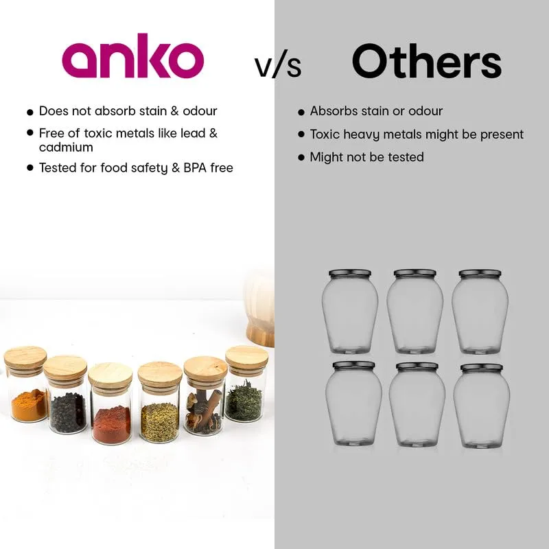 Anko 90Ml Set Of 12 Glass Spice Jars For Kitchen | Airtight Jars With Premium Rubberwood Lid & Wooden Tray | Spice Rack Set For Kitchen, Black