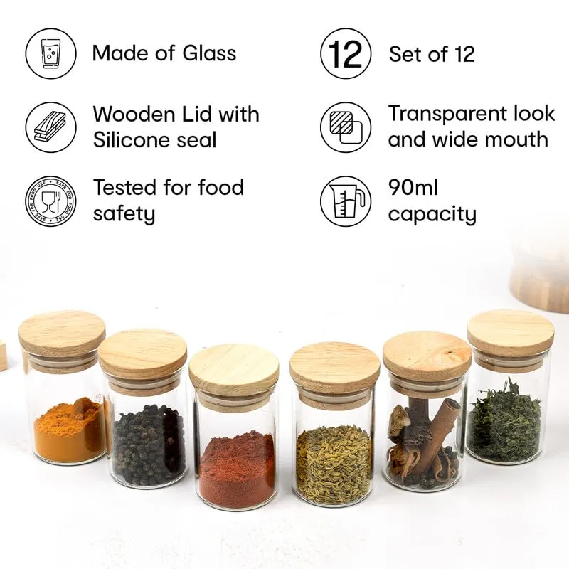 Anko 90Ml Set Of 12 Glass Spice Jars For Kitchen | Airtight Jars With Premium Rubberwood Lid & Wooden Tray | Spice Rack Set For Kitchen, Black