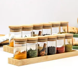 Anko 90Ml Set Of 12 Glass Spice Jars For Kitchen | Airtight Jars With Premium Rubberwood Lid & Wooden Tray | Spice Rack Set For Kitchen, Black