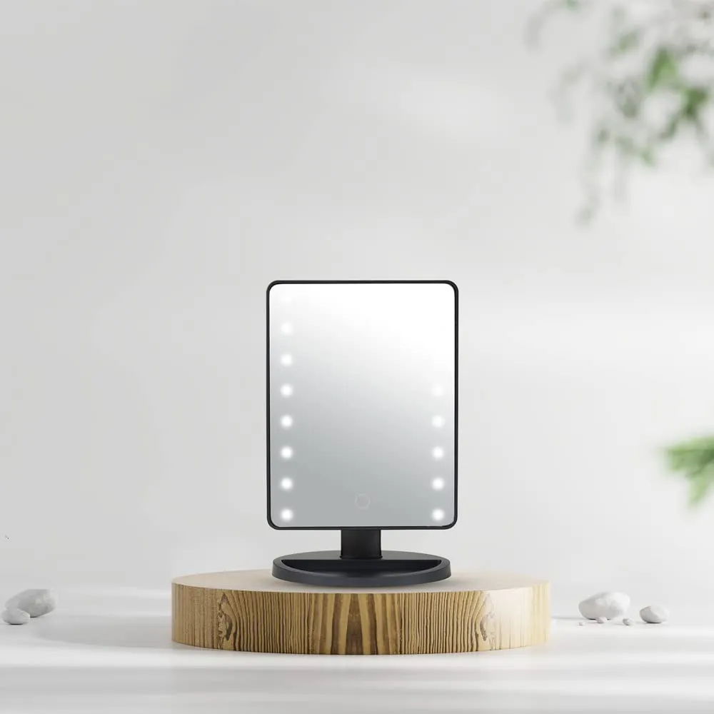 Anko LED Mirror/Black LED Mirror/Stylish and Classy Acrylonitrile butadiene styrene (Bottom Base and Plastic Frame), Glass (Mirror)