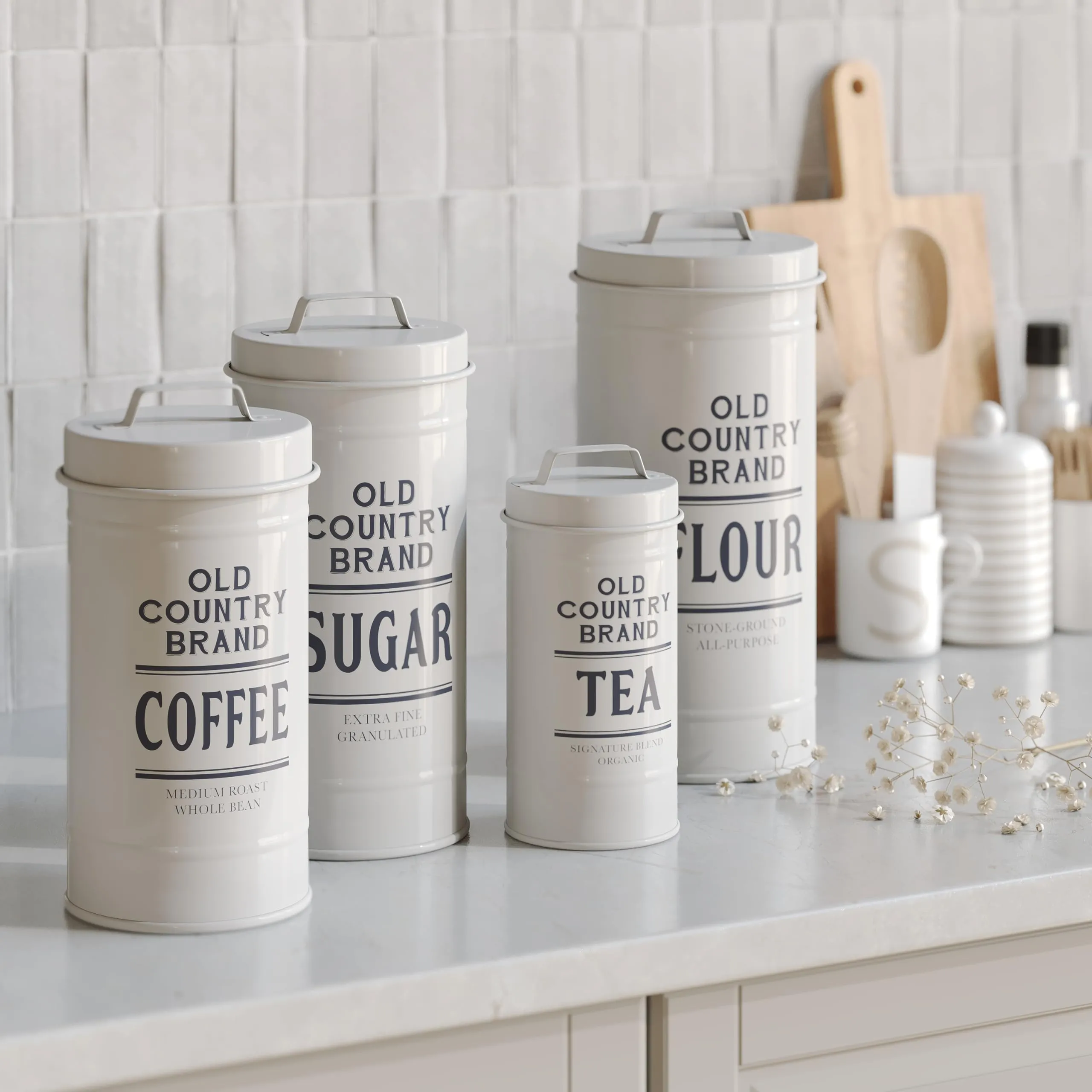 Barnyard Designs Canister Sets for Kitchen Counter, Farmhouse Canisters Sets for the Kitchen Countertop, Metal Canister with Lid, Coffee Tea Sugar Flour Container Set for Counter (White)