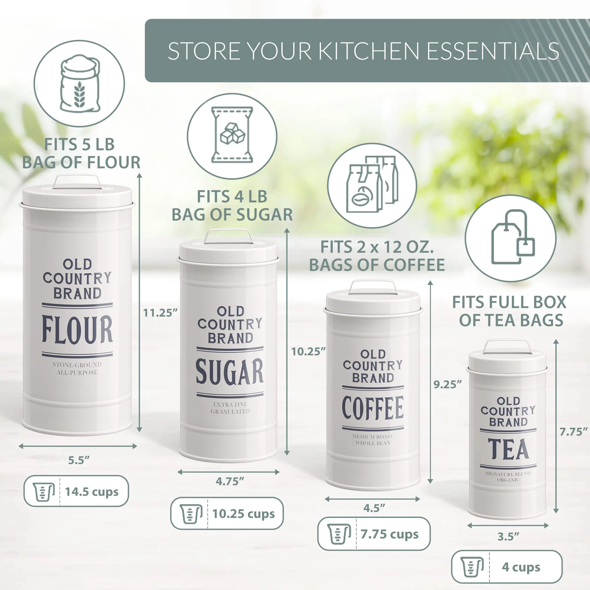 Barnyard Designs Canister Sets for Kitchen Counter, Farmhouse Canisters Sets for the Kitchen Countertop, Metal Canister with Lid, Coffee Tea Sugar Flour Container Set for Counter (White)