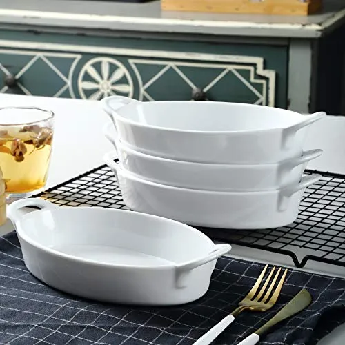 Bruntmor Oval Au Gratin Baking Dishes Set of 4 8x5 Ceramic Lasagna Pans White