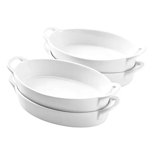 Bruntmor Oval Au Gratin Baking Dishes Set of 4 8x5 Ceramic Lasagna Pans White