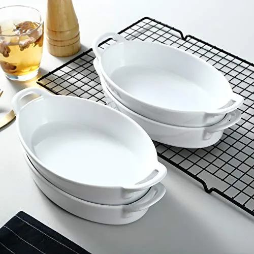 Bruntmor Oval Au Gratin Baking Dishes Set of 4 8x5 Ceramic Lasagna Pans White