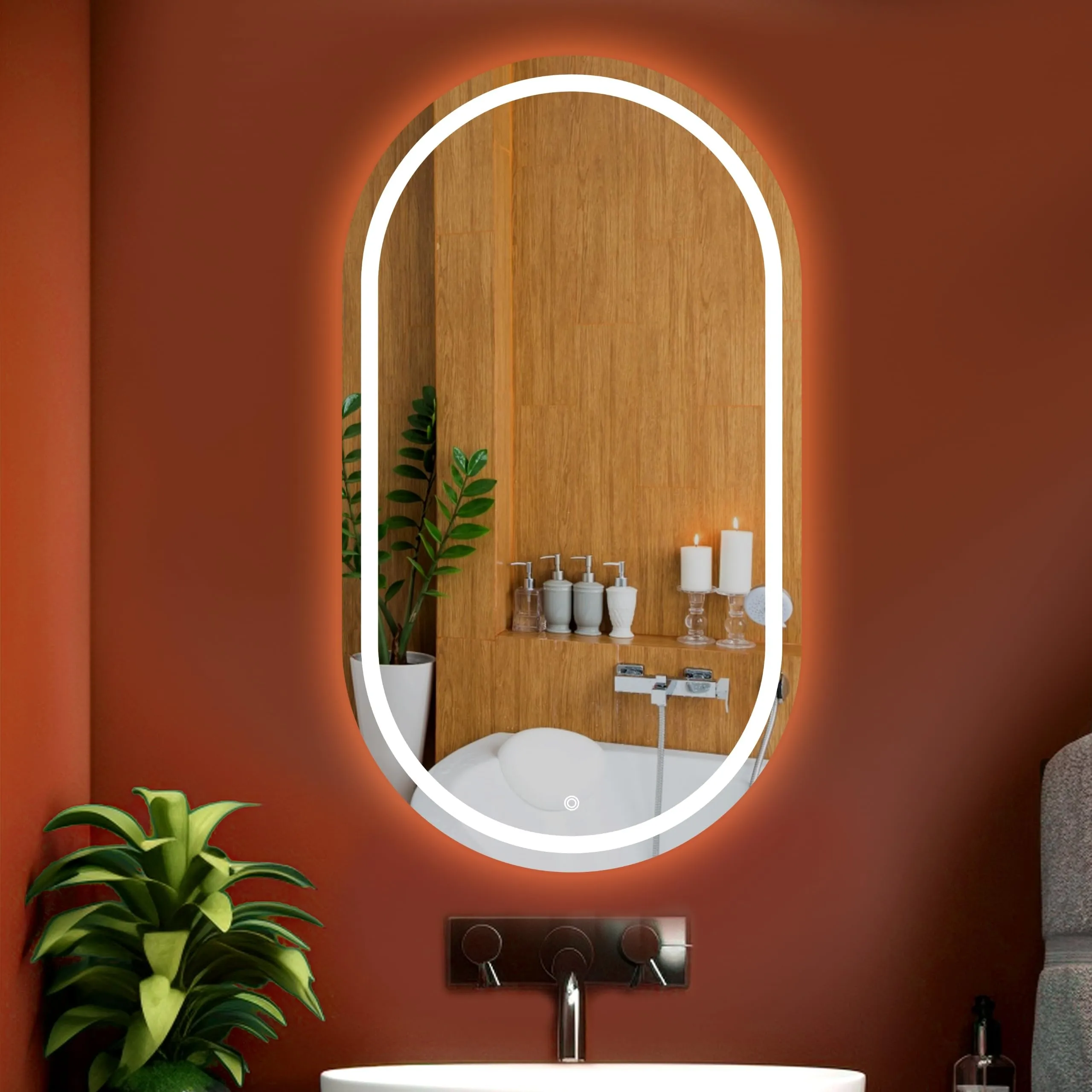 Capsule Shape LED Mirror Illuminate Your Beauty with Touch Sensor, Wall-Mounted for Bathroom, Bedroom Energy-Efficient Dimmable Lighting & Crystal Clear Reflection 17.5X23.5 INCH.