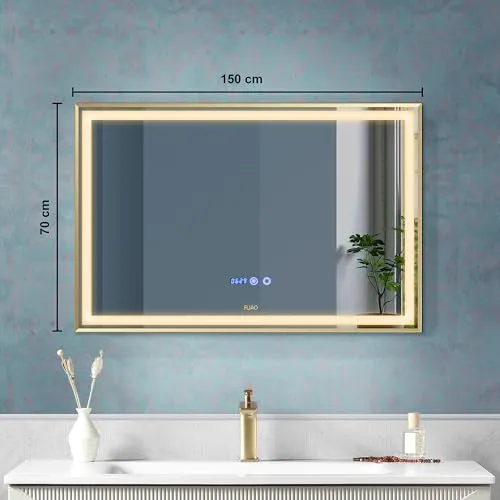 Fuao Premium HD Smart Mirror for Walls with Anti-Fog Function, Time-Temperature Display and Adjustable Brightness 3-Tone LED Lighting| 100% Silver Coating, Anodized Aluminium Frame Gold150*70CM