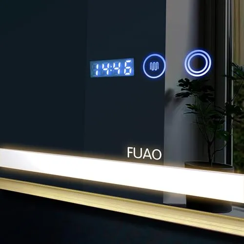 Fuao Premium HD Smart Mirror for Walls with Anti-Fog Function, Time-Temperature Display and Adjustable Brightness 3-Tone LED Lighting| 100% Silver Coating, Anodized Aluminium Frame Gold150*70CM