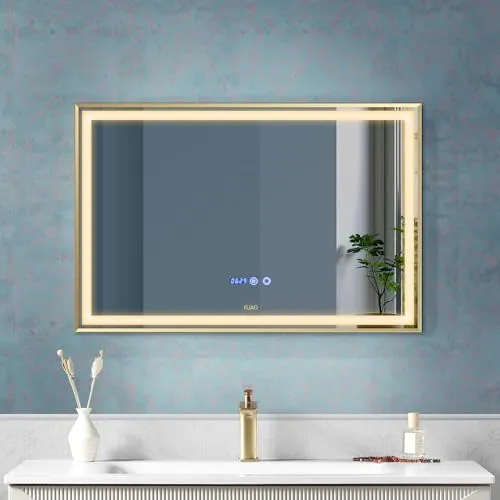 Fuao Premium HD Smart Mirror for Walls with Anti-Fog Function, Time-Temperature Display and Adjustable Brightness 3-Tone LED Lighting| 100% Silver Coating, Anodized Aluminium Frame Gold150*70CM