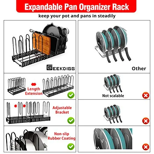 Geekdigg Pot Organizer Rack Adjustable Expandable Lids for Cabinet or Countertop