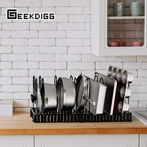 Geekdigg Pot Organizer Rack Adjustable Expandable Lids for Cabinet or Countertop