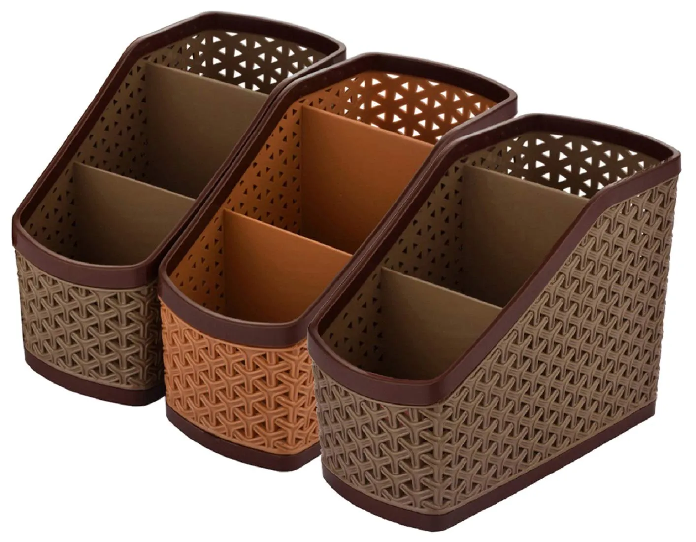 Heart Home 3 Pieces Plastic Multipurpose Storage Basket for Bathroom, Kitchen, Office (Brown & Light Brown)