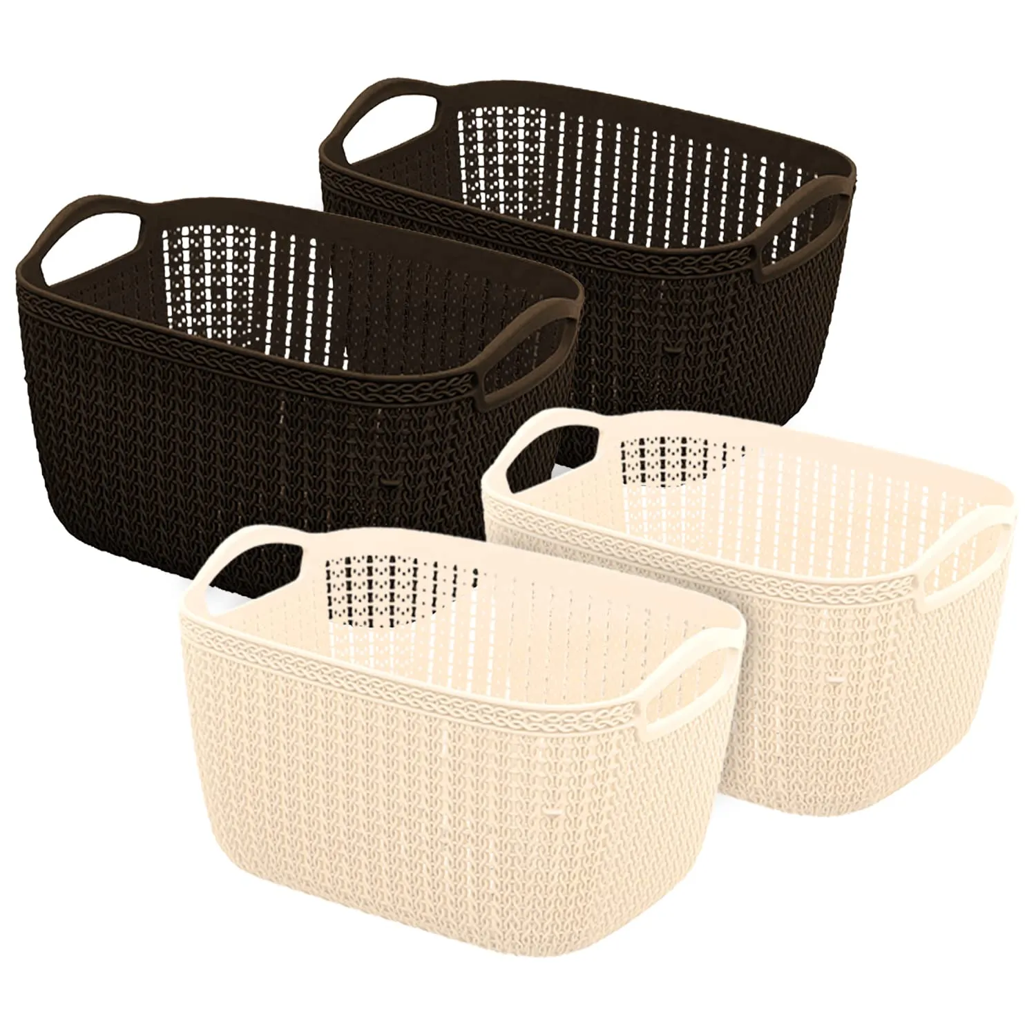 Heart Home Q-5 Designer Plastic Storage Basket For Store Fruits, Vegetables, Magazines, Cosmetics, Stationary Pack of 4 (Beach & Brown)-50HH01646