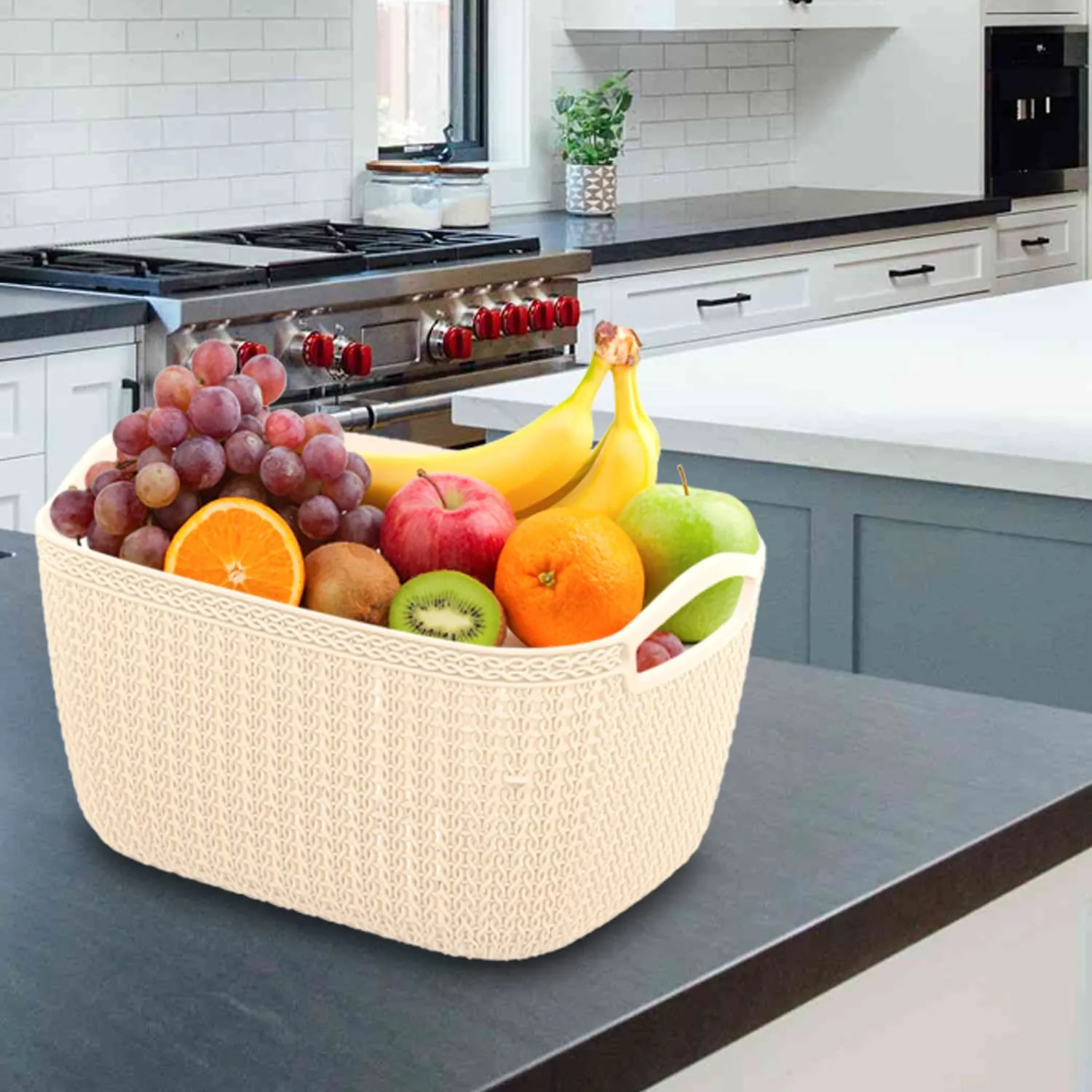 Heart Home Q-5 Designer Plastic Storage Basket For Store Fruits, Vegetables, Magazines, Cosmetics, Stationary Pack of 4 (Beach & Brown)-50HH01646