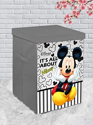 Kuber Industries Disney Mickey Print Non Woven Fabric Foldable Laundry Basket, Toy Storage Basket, Cloth Storage Basket With Lid & Handles (Grey)-KUBMART16272