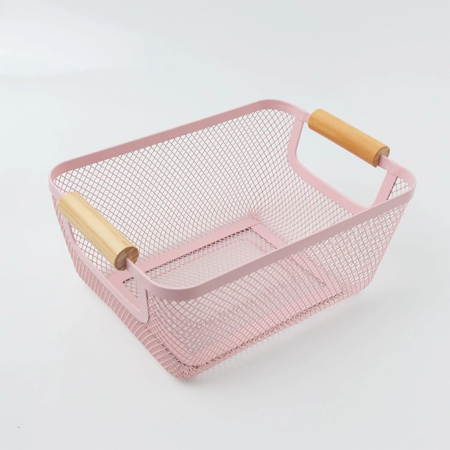 Kuber Industries Metal Mesh Basket for Storage with wooden handle | 280 gm | Fruit basket for kitchen | Kitchen Organizer | Baskets for organizing home & kitchen | Multipurpose | Pink