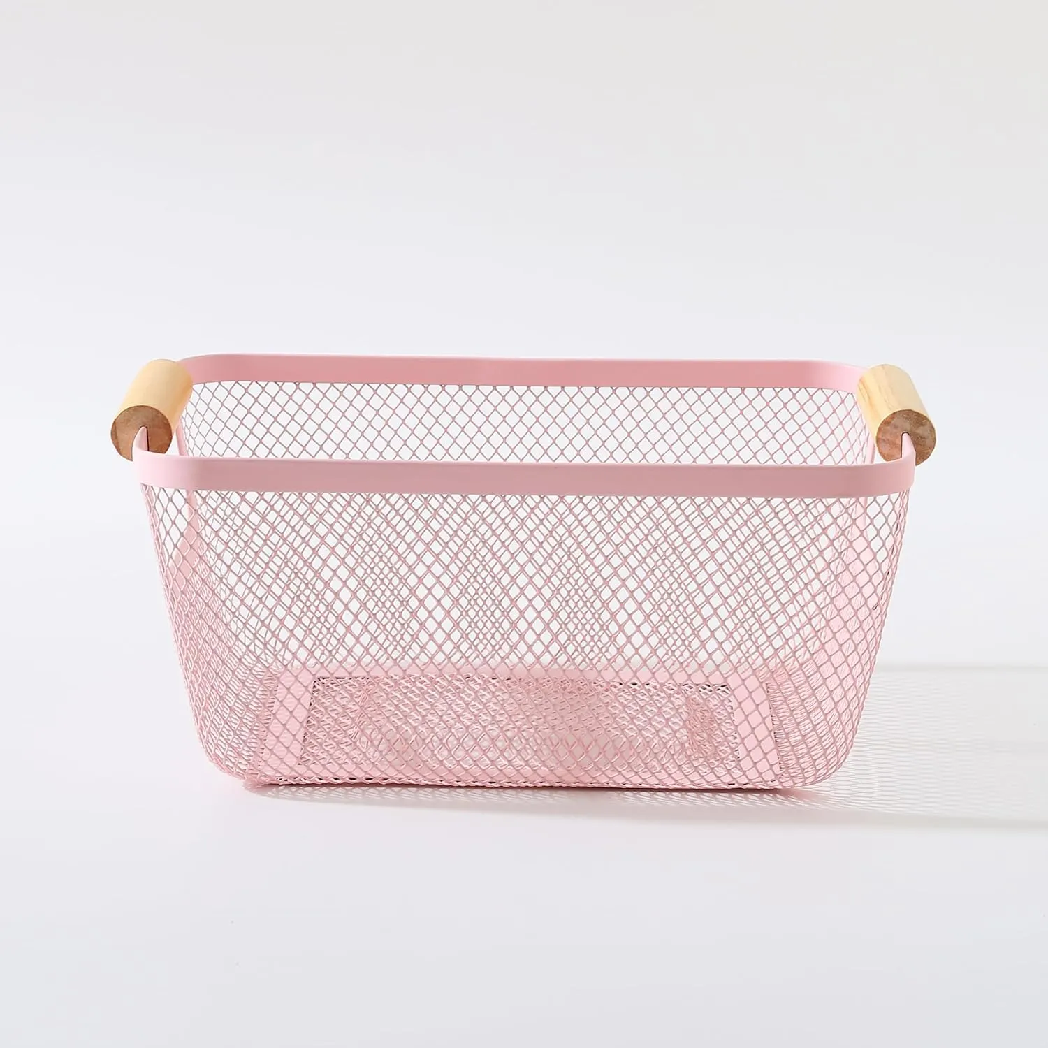 Kuber Industries Metal Mesh Basket for Storage with wooden handle | 280 gm | Fruit basket for kitchen | Kitchen Organizer | Baskets for organizing home & kitchen | Multipurpose | Pink