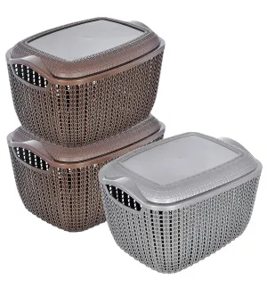 Kuber Industries Multiuses Small M 25 Plastic Basket/Organizer With Lid- Pack of 3 (Brown & Grey & Brown) -46KM047