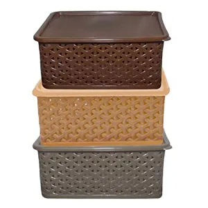 Kuber Industries Plastic 3 Pieces Small Size Multipurpose Solitaire Storage Basket With Lid (Multi), Rectangular