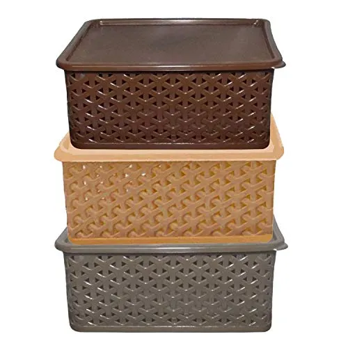 Kuber Industries Plastic 3 Pieces Small Size Multipurpose Solitaire Storage Basket With Lid (Multi), Rectangular