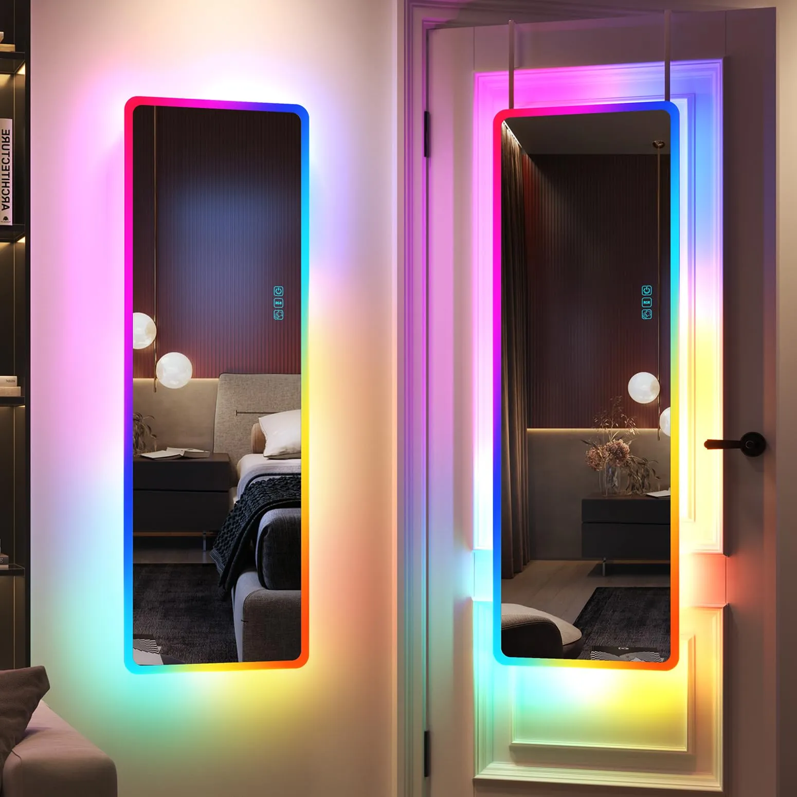 LVSOMT Full Length Mirror with LED Lights, RGB Full Body Mirror, Wall Mounted Lighted Mirror, Over The Door Hanging Mirror, 14 LED Light   Dimmable Brightness   Adjustable Speed, 47" x 16"