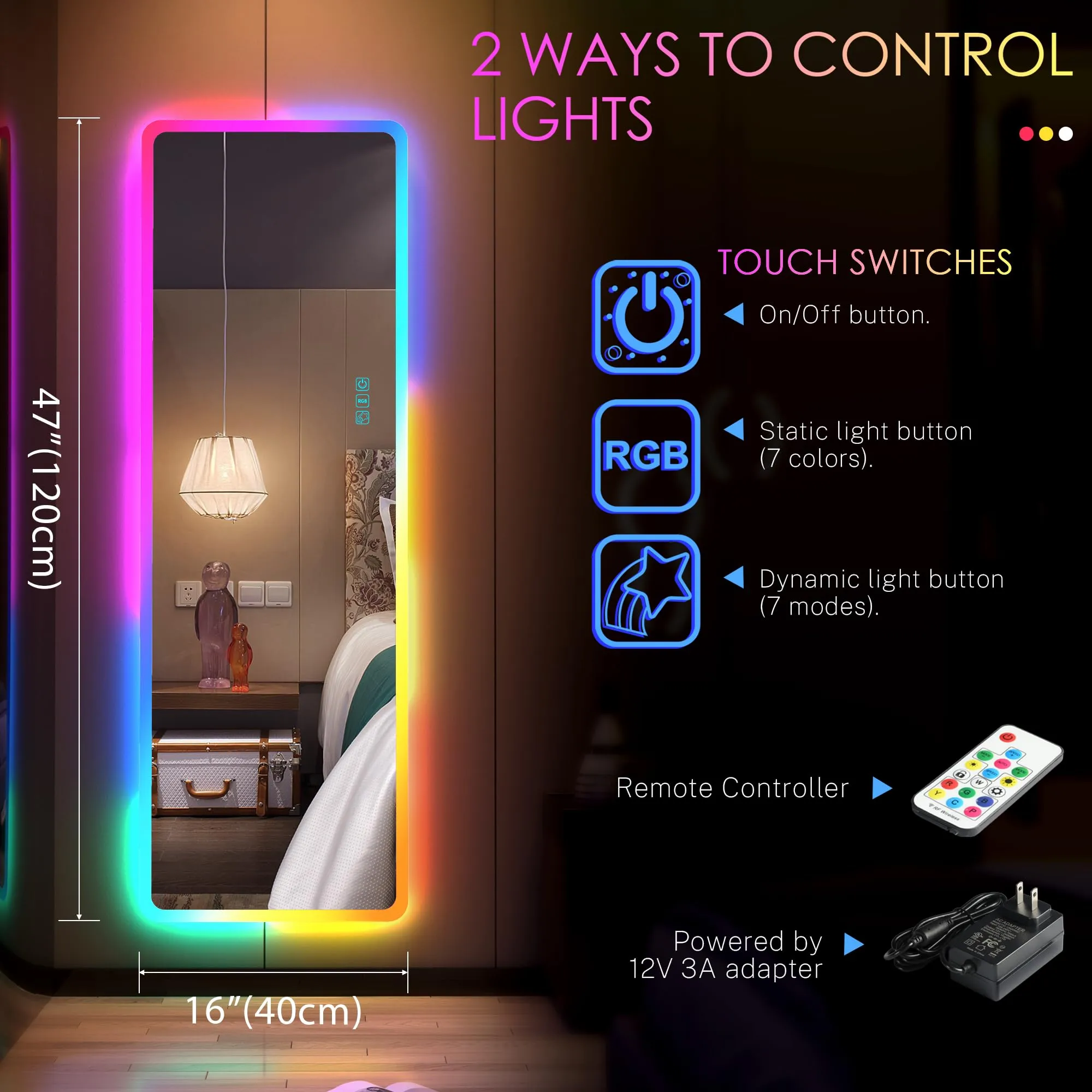 LVSOMT Full Length Mirror with LED Lights, RGB Full Body Mirror, Wall Mounted Lighted Mirror, Over The Door Hanging Mirror, 14 LED Light   Dimmable Brightness   Adjustable Speed, 47" x 16"