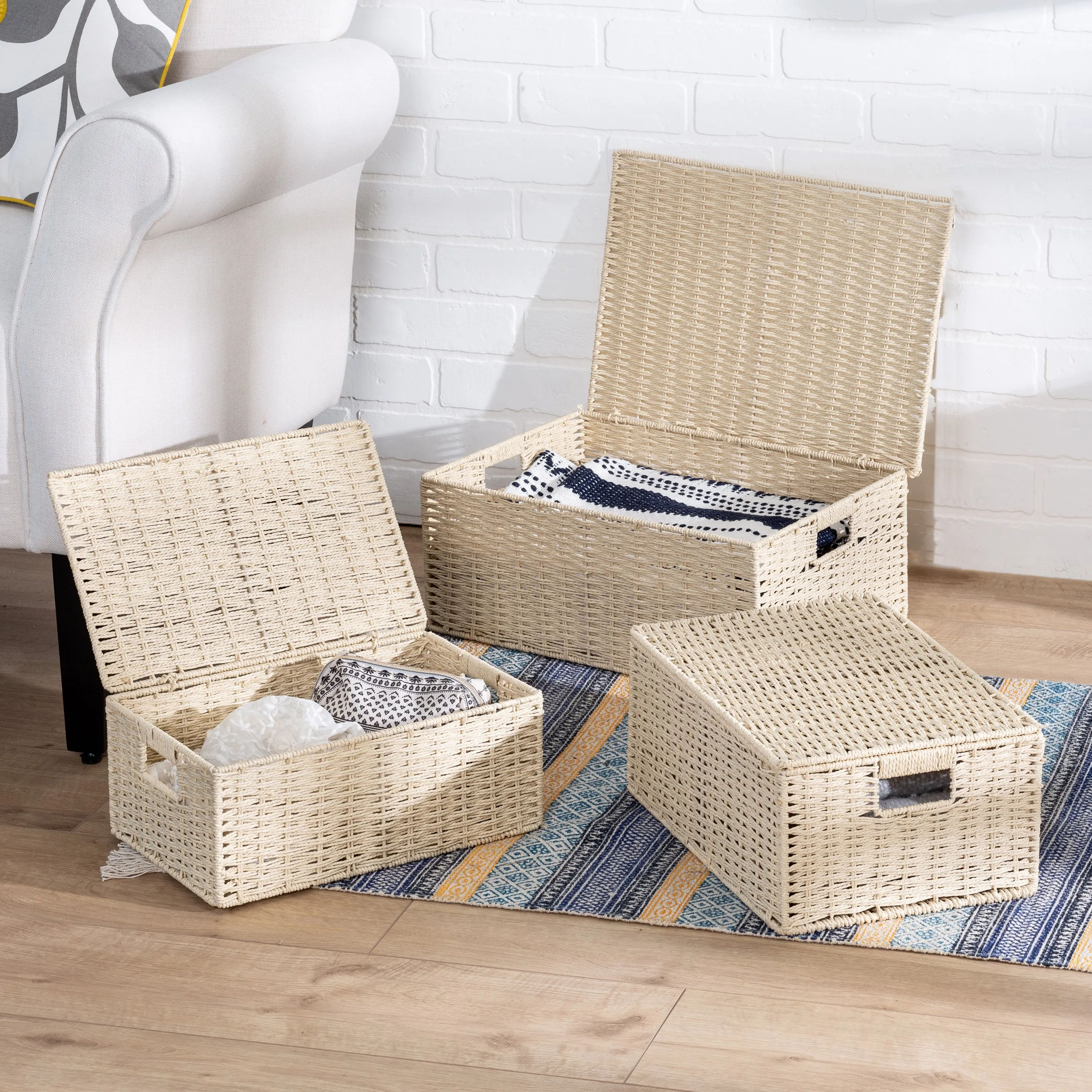 Natural Paper Rope Basket Set with Lids (Set of 3)