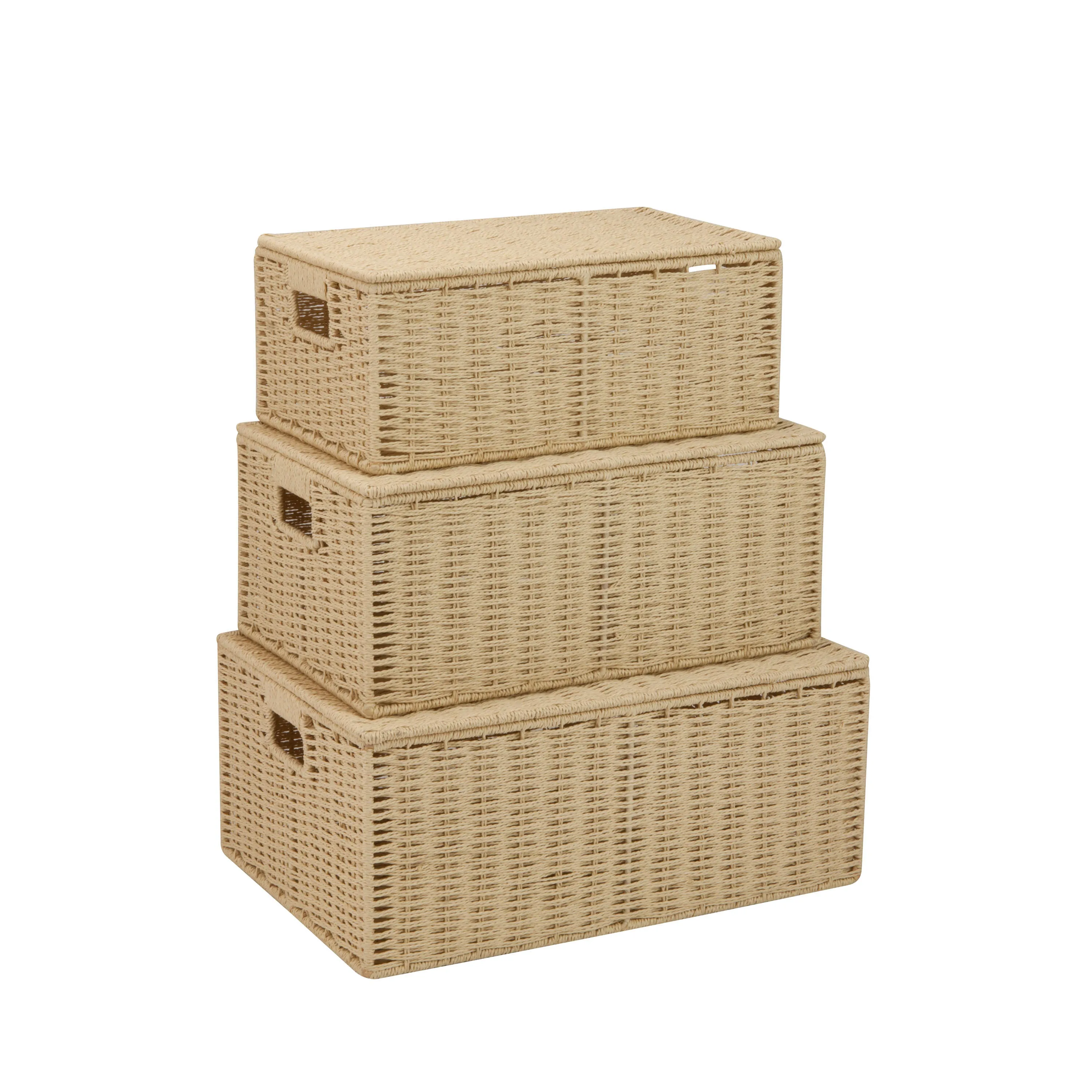 Natural Paper Rope Basket Set with Lids (Set of 3)