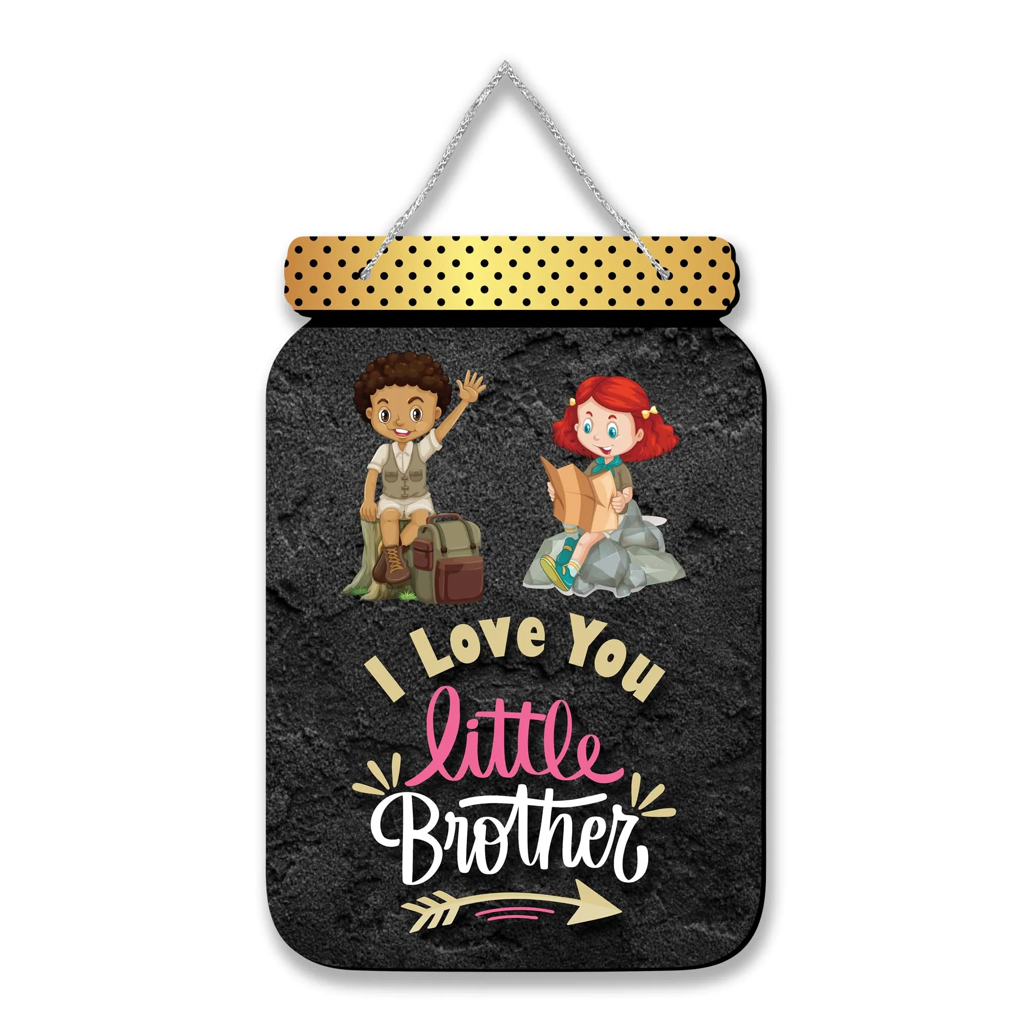 Regalocasila I Love You Little Brother Printed Wooden Wall Hanging With Adjustable Silver Zari Rope