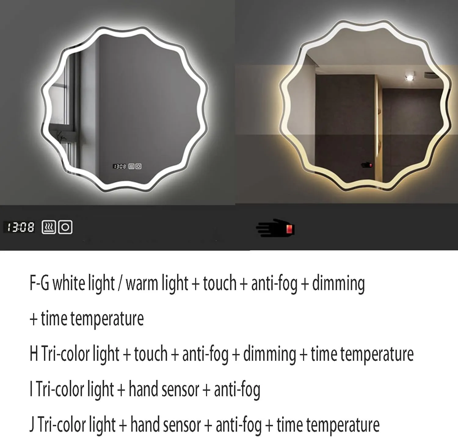 R.S Internationals Wall Mounted Mirror, Irregular LED Light Anti-Fog Smart Bathroom Mirror, Vanity Mirror Home Accessories, Touch Time and Temperature Display Hand Sensor Radar Sensor (24x 24 inch)