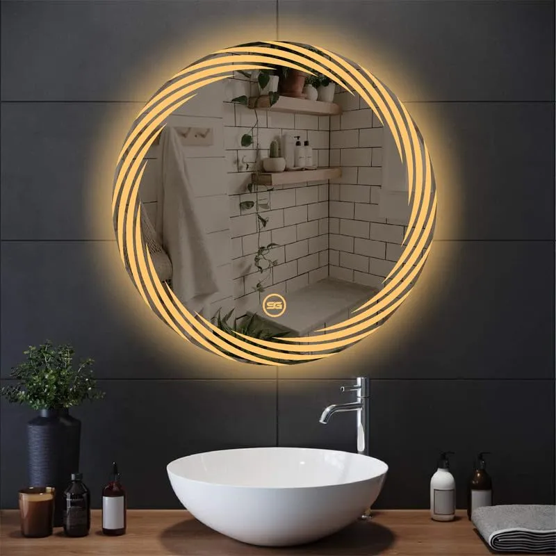 Spark Glass Round LED Sensor Mirror. (LedColour: White, Warm White, & Mix Light) - (Size:21x21 Inch)