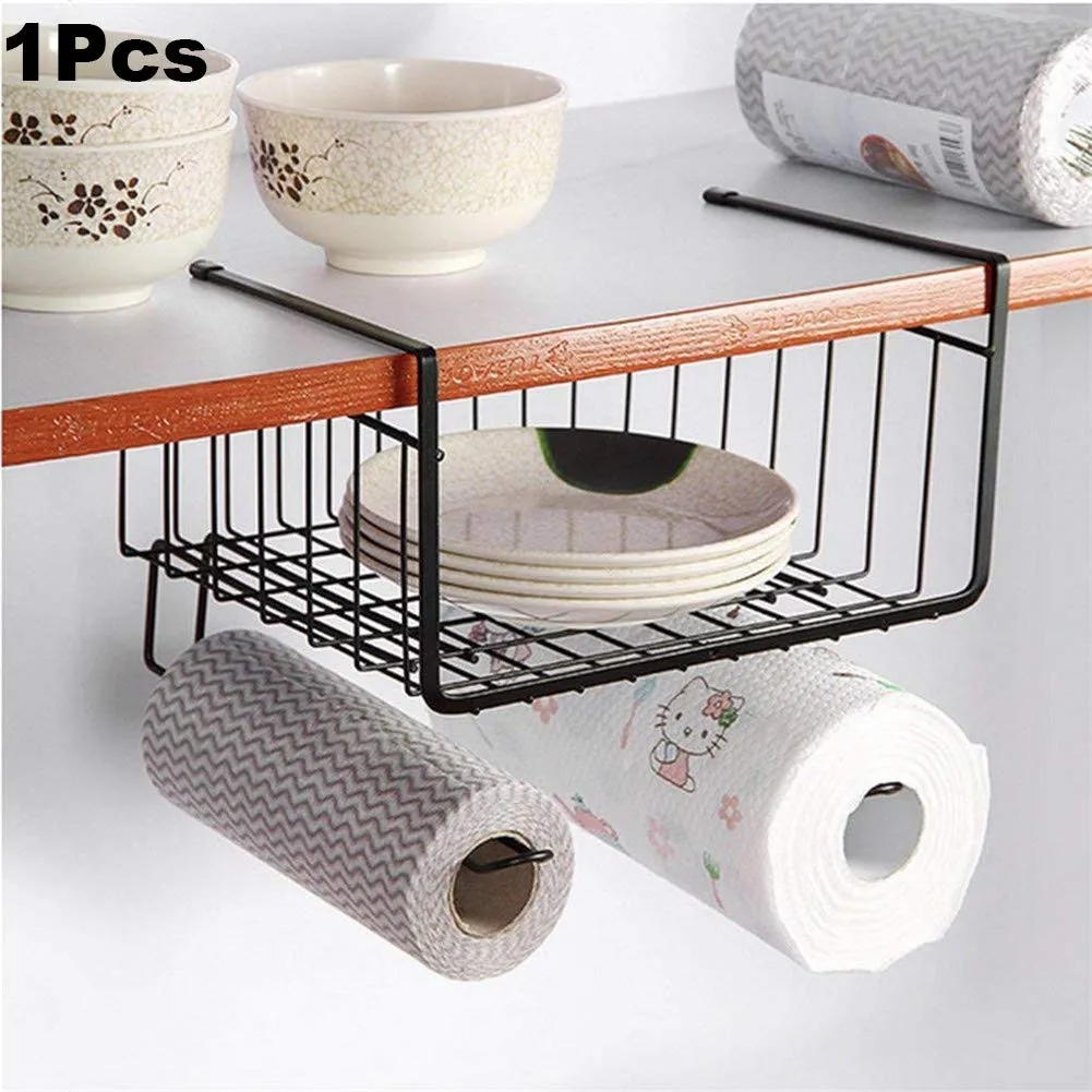 Styleys Iron Multifunctional Kitchen Under Cabinet Shelf Basket Wire Rack Organizer Storage with Tissue Holder, (S11088, Black 1 Pc)