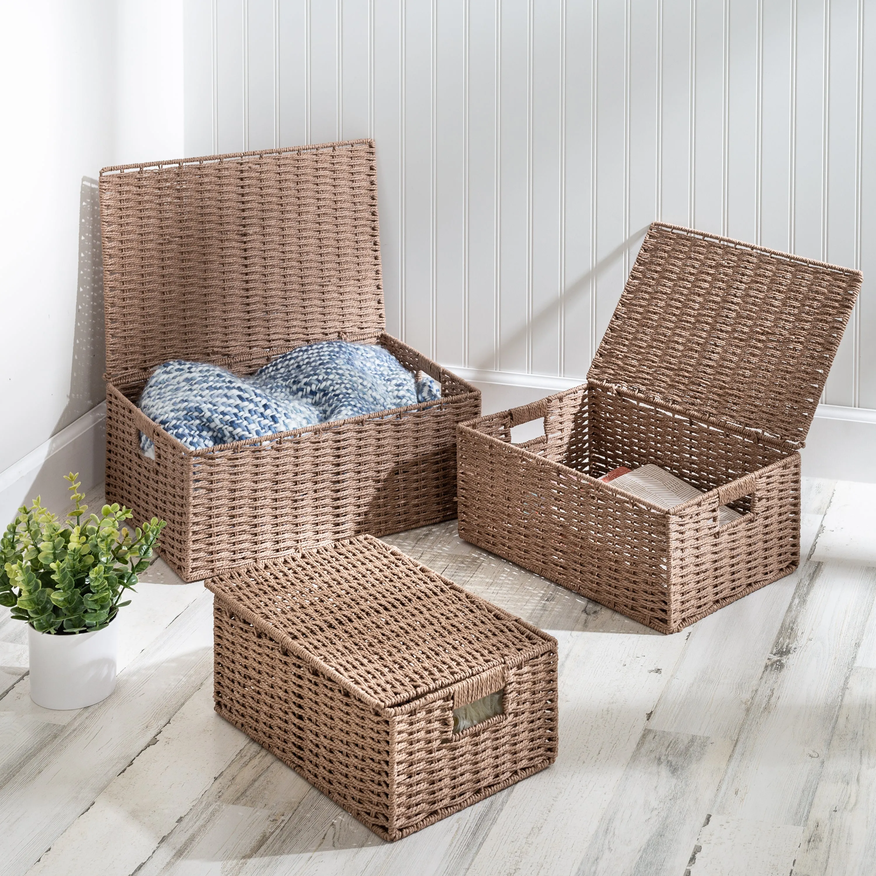 Taupe Paper Rope Basket Set with Lids (Set of 3)