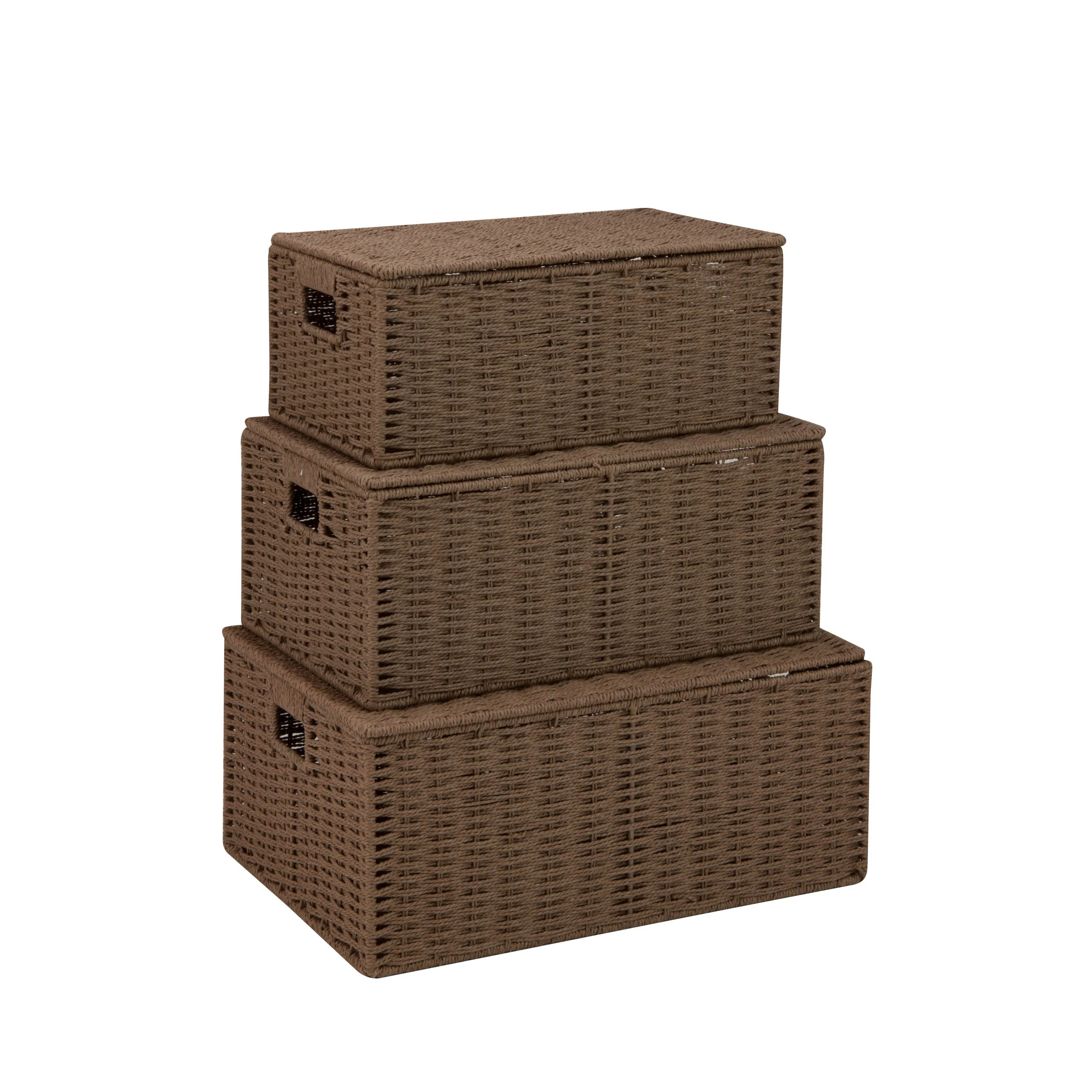 Taupe Paper Rope Basket Set with Lids (Set of 3)