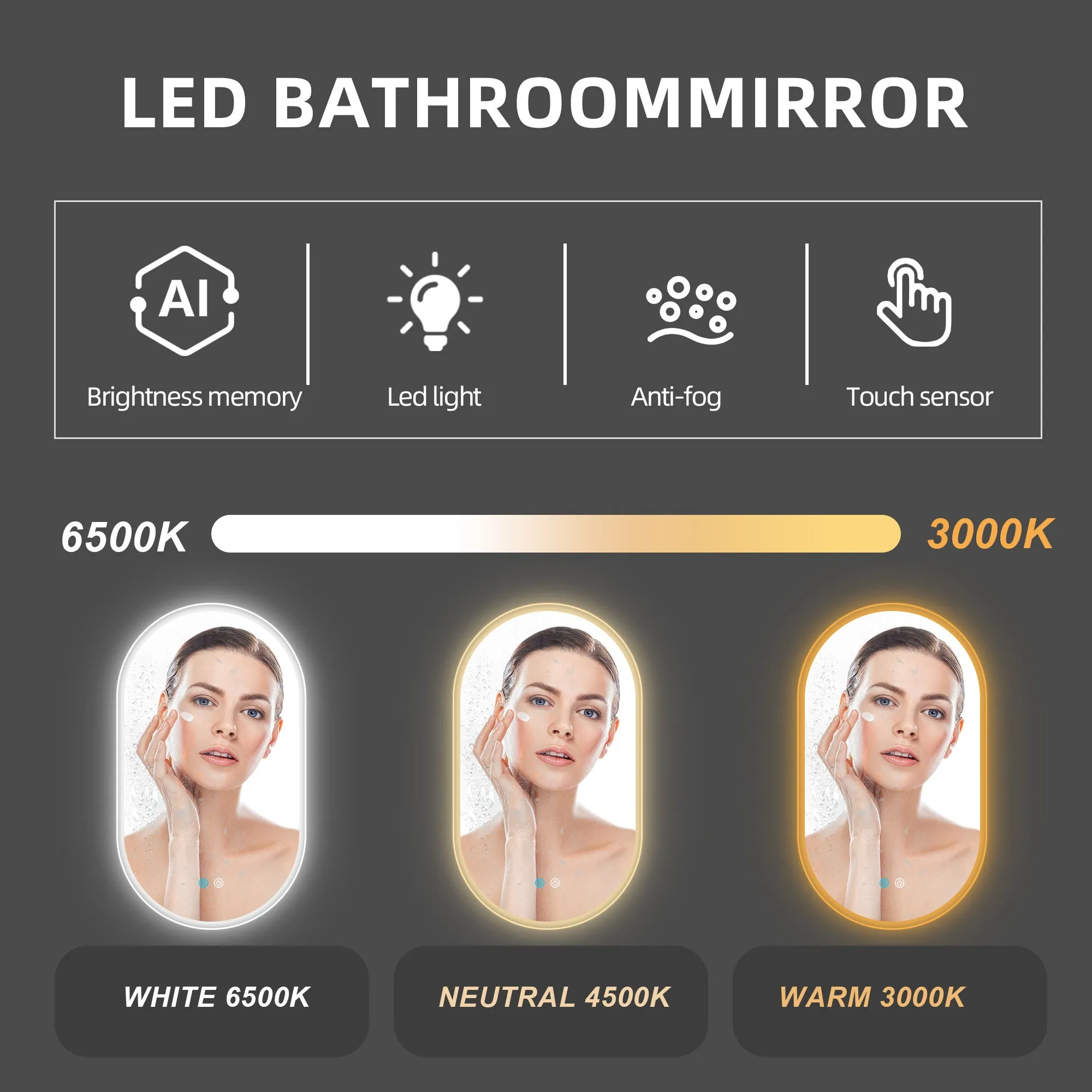 Three-color Smart Bathroom Mirror with Light, Frameless Smart Vanity Mirror Hanging Vertically