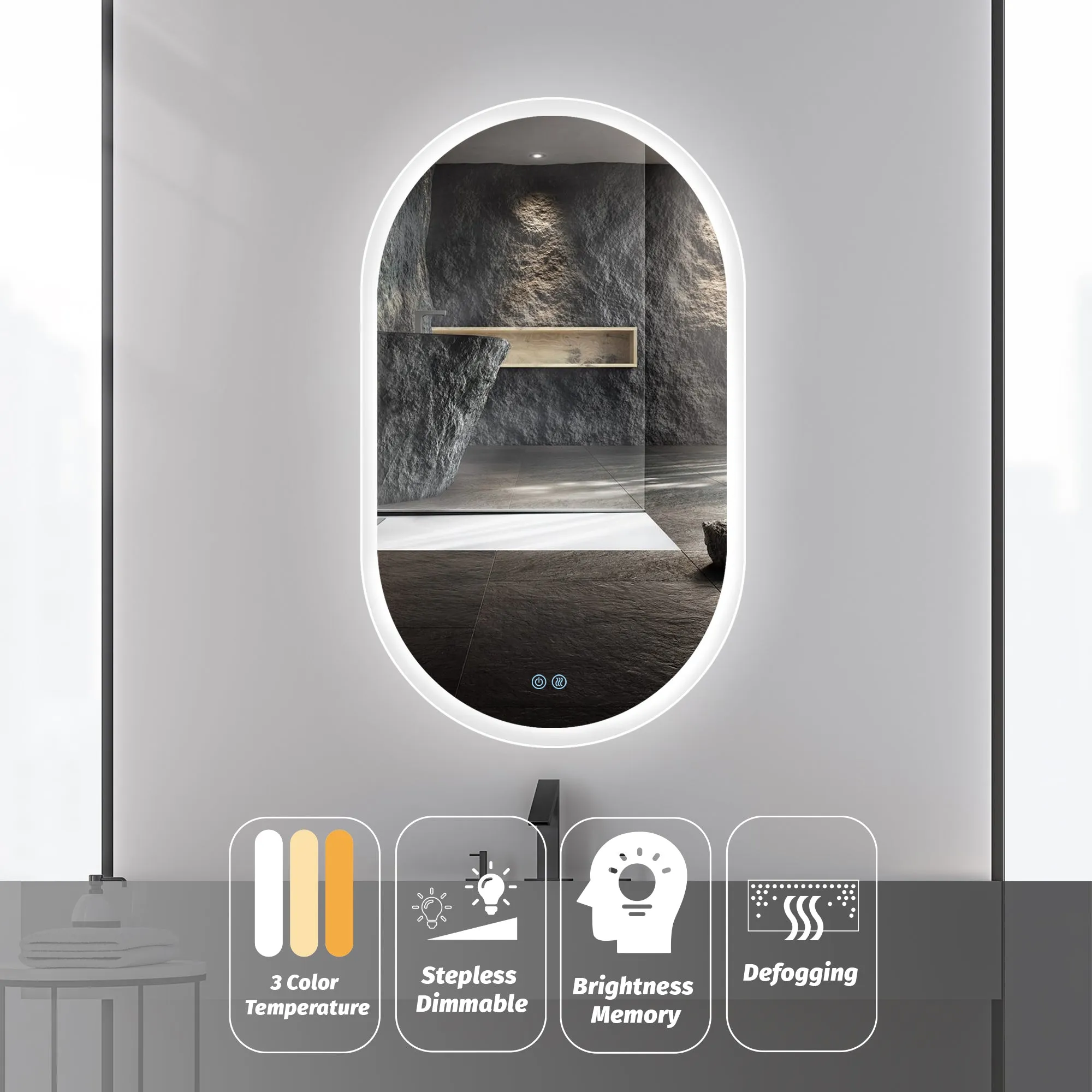 Three-color Smart Bathroom Mirror with Light, Frameless Smart Vanity Mirror Hanging Vertically