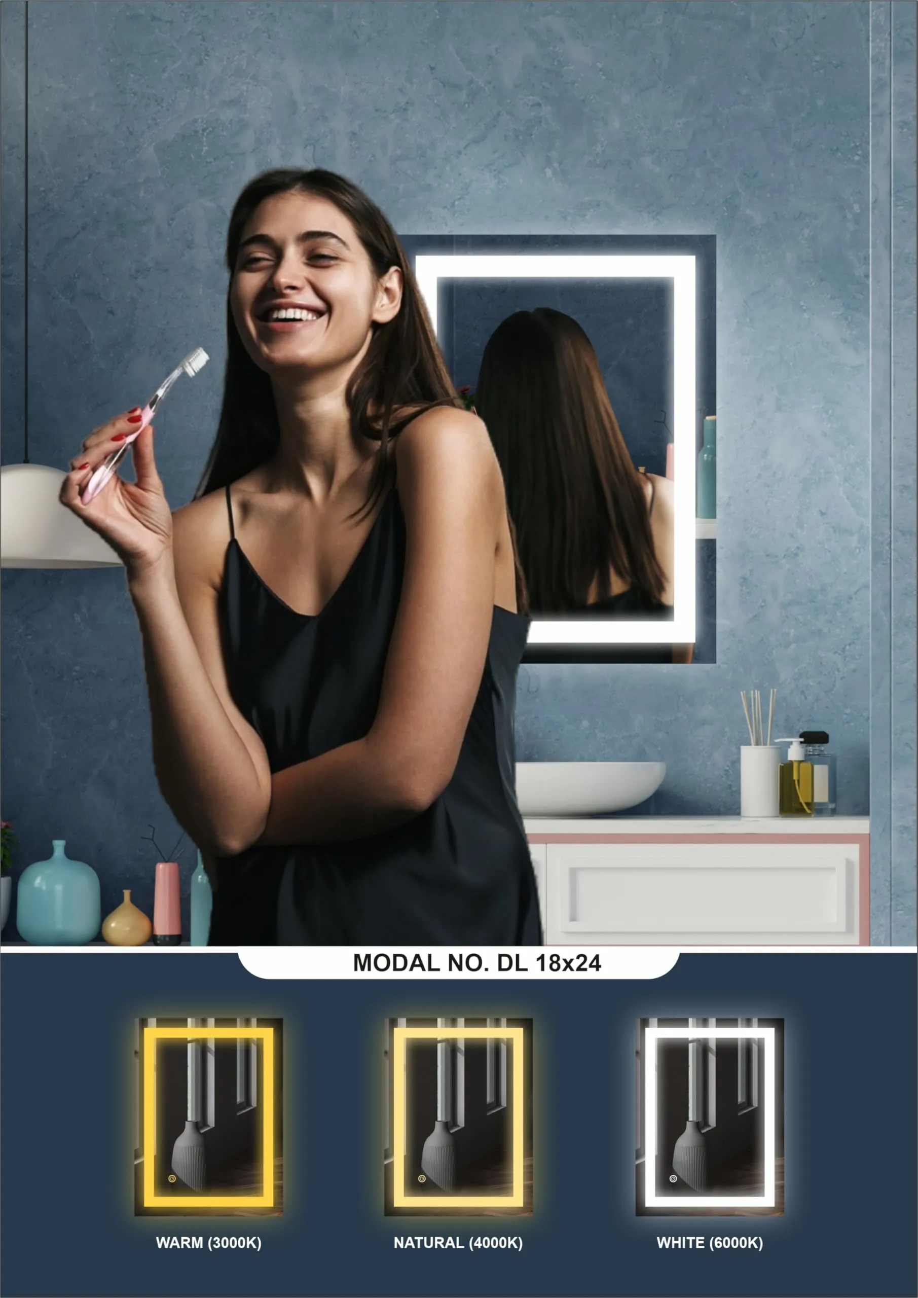 TRYOTONE Squar LED Wall Mirror for Bathroom,Wash Basin Mirror 3 LED Lights (Warm,White,Natural White, Size 18 x 24 inch, Framed) (Square_4)