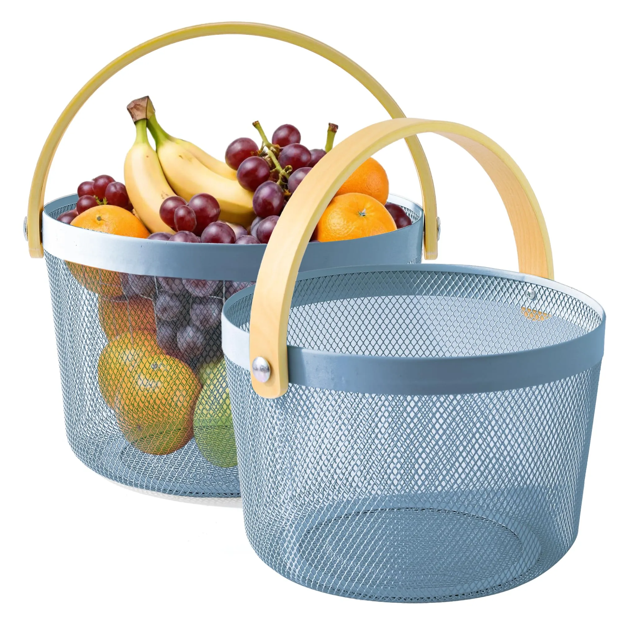 UMAI Metal Mesh Basket for Storage with Wooden Handle (Blue - 400gm) | Pack of 2 | Baskets for organizing home | Fruit Basket and Vegetable basket for kitchen | Organisers Storage Box |