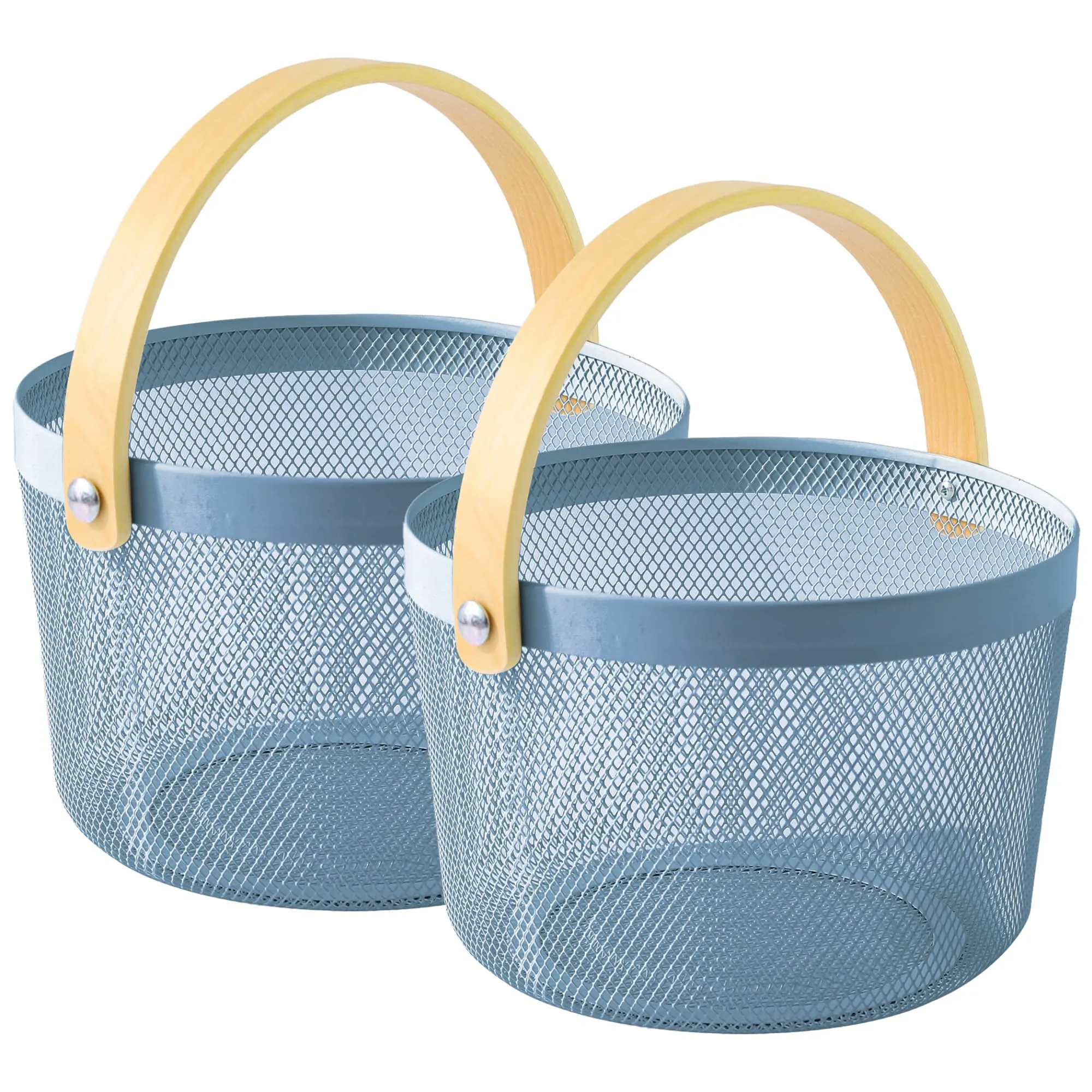 UMAI Metal Mesh Basket for Storage with Wooden Handle (Blue - 400gm) | Pack of 2 | Baskets for organizing home | Fruit Basket and Vegetable basket for kitchen | Organisers Storage Box |